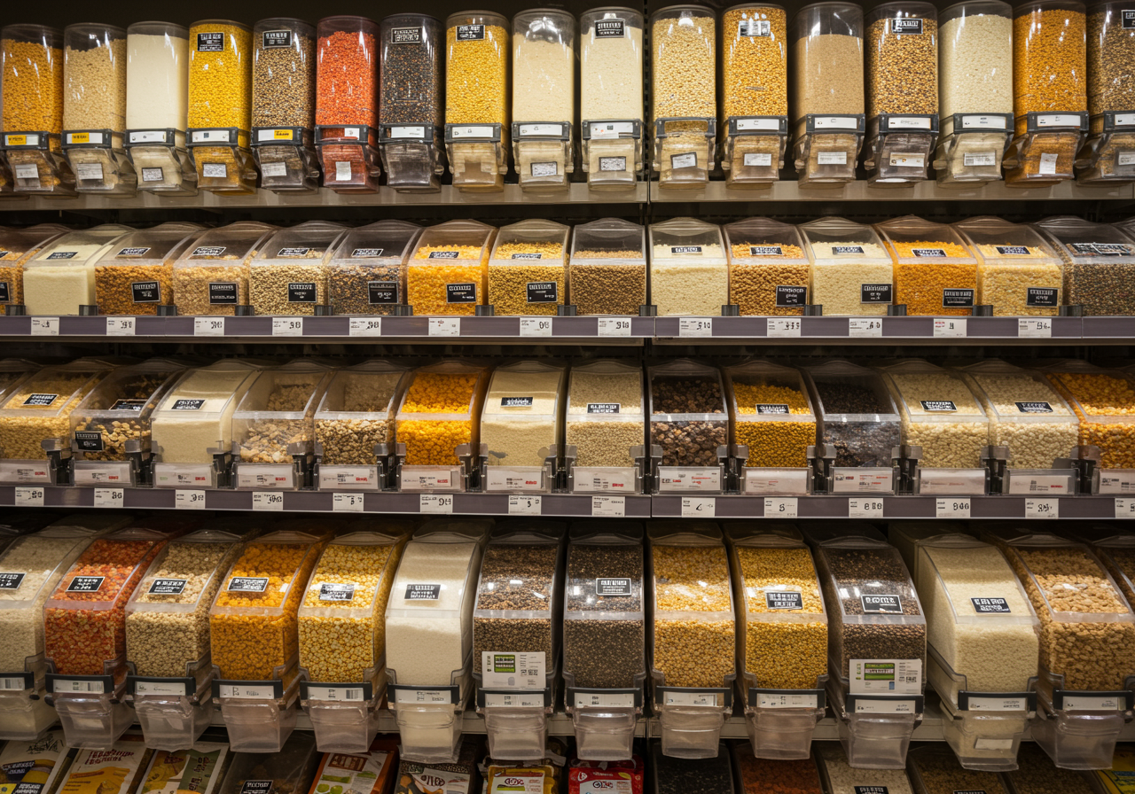Bulk dry goods and pulses section with organised transparent containers