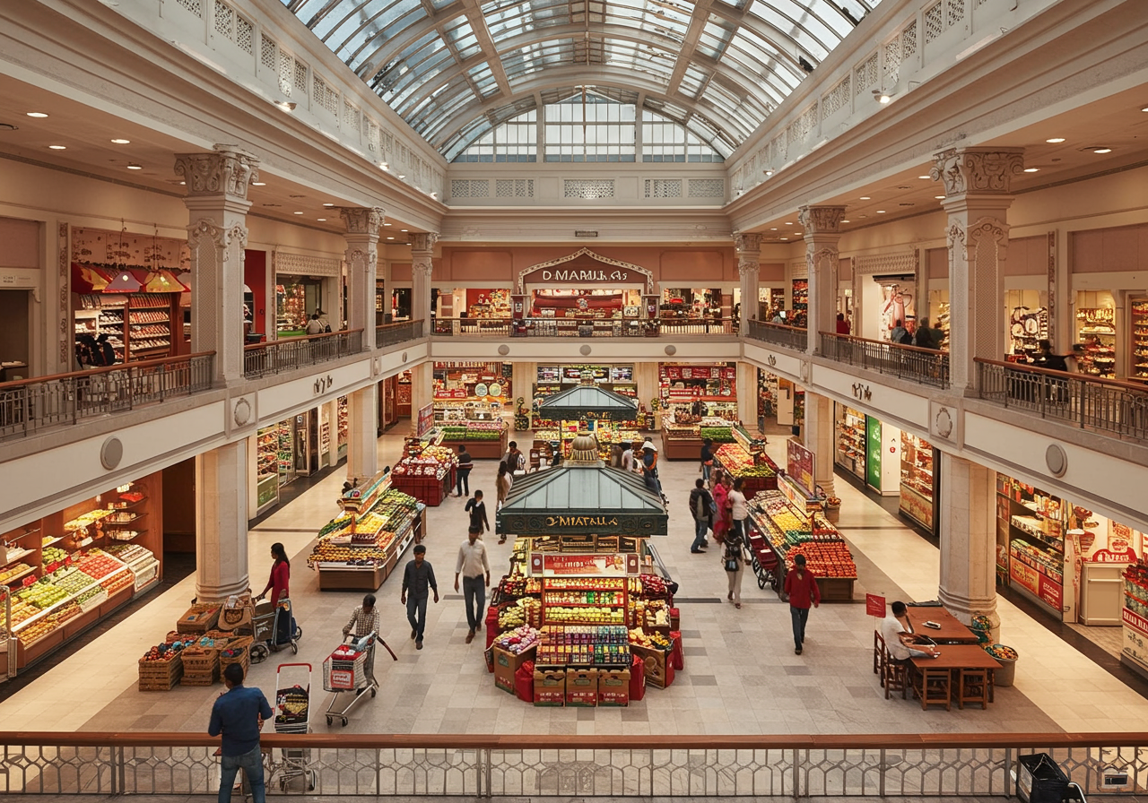 Bird's eye view of D-Mart Mall shopping floor with ornamental pillars