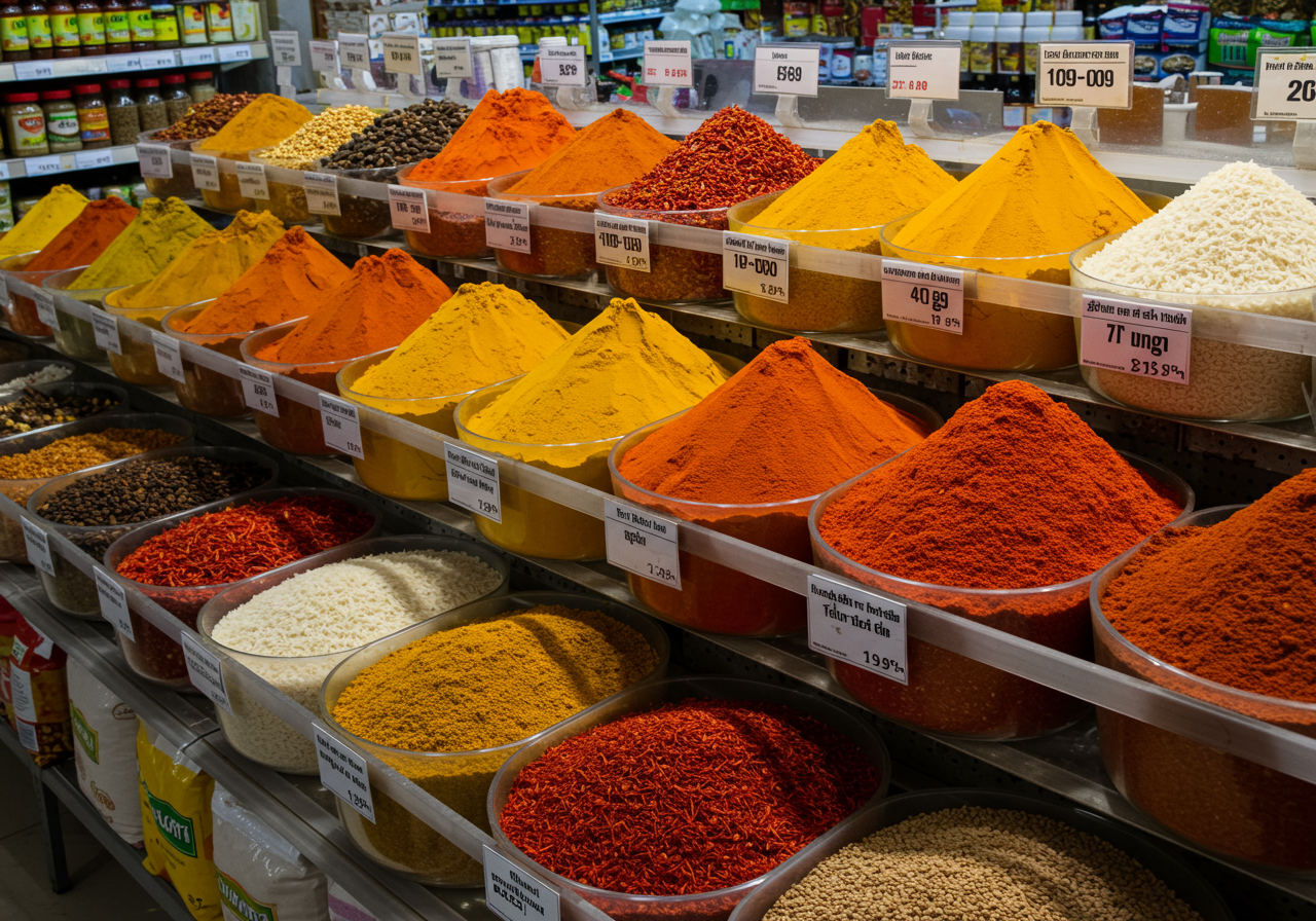 Indian spices and grains section — colourful bins of turmeric and lentils